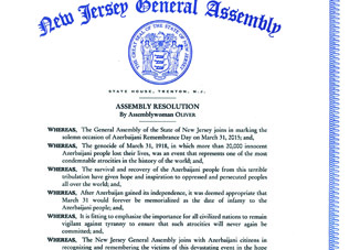 Ассамблея Нью-Джерси издала резолюцию, признающую геноцид азербайджанцев 1918 года