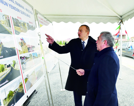 Президент Азербайджана Ильхам Алиев принял участие в открытии реконструированной автомобильной дороги Рамана — Маштага