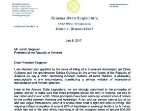 Член Палаты представителей штата Аризона США в связи с убийством маленькой Захры направил открытое письмо президенту Армении
