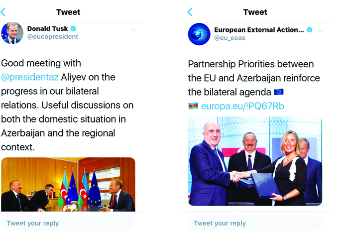 Официальные представители ЕвропейскогоСоюза распространили в аккаунтах в Twitter сообщения о встрече Президента Ильхама Алиевас Дональдом Туском в Брюсселе и парафировании документа «Приоритеты партнерства»