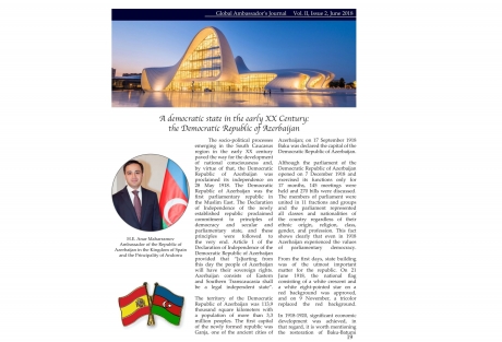 Во влиятельном американском журналеGlobal Ambassador опубликована статья, посвященная 100-летнему юбилеюАзербайджанской Демократической Республики