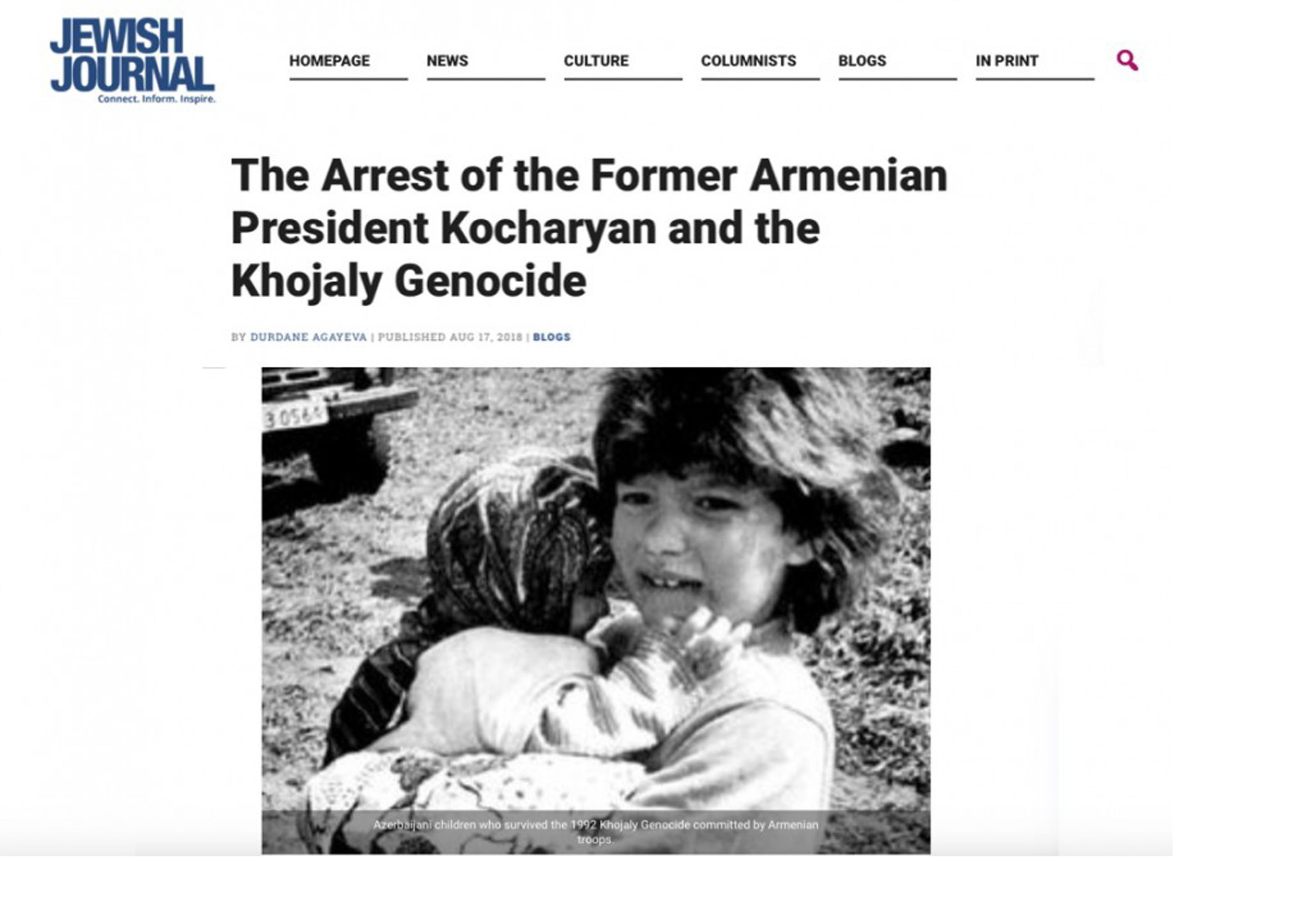 Jewish Journal: «Арест бывшего президента АрменииКочаряна и геноцид в Ходжалы»