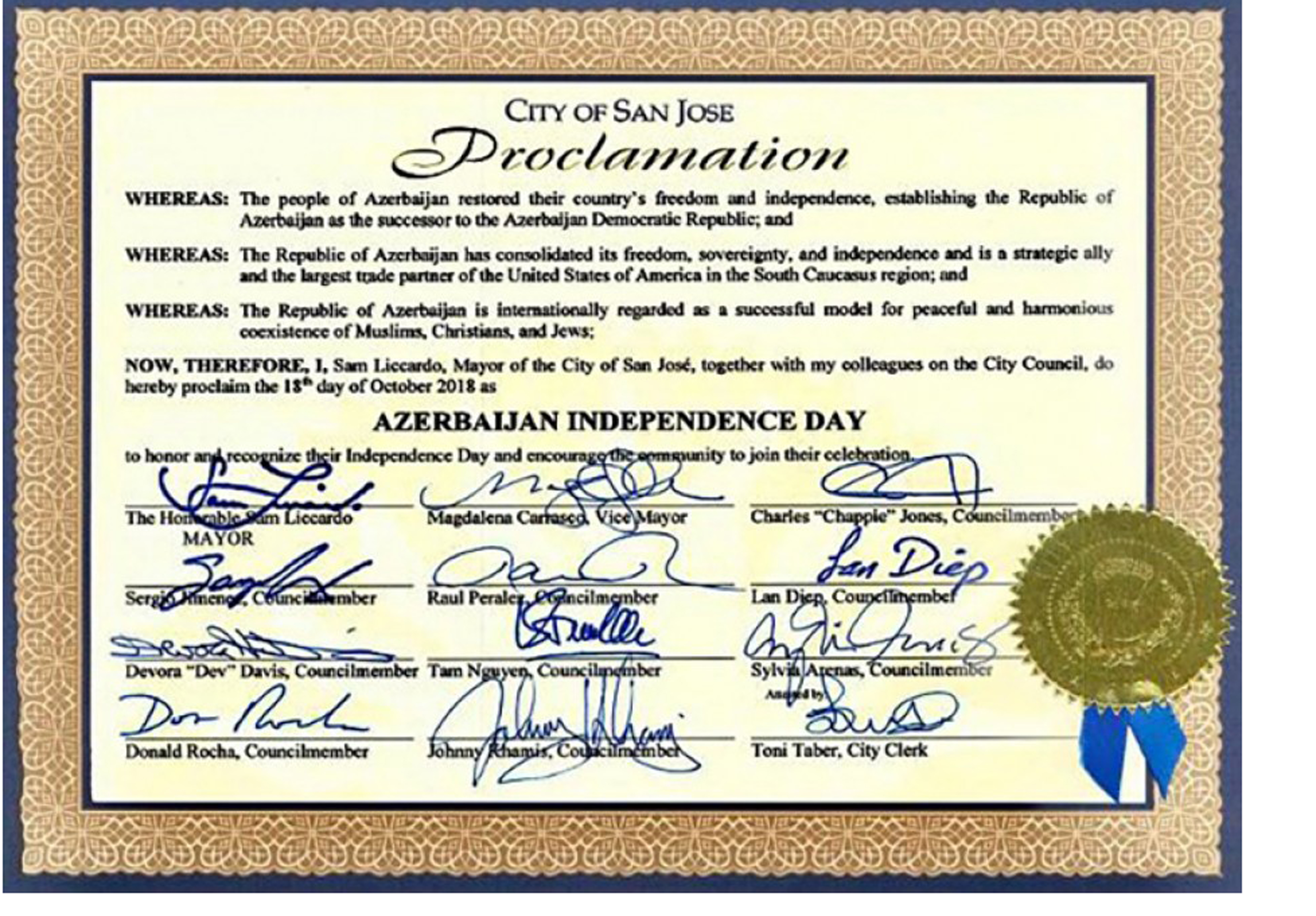 В городе Сан-Хосе Калифорнии18 октября объявлено«Днем независимости Азербайджана»