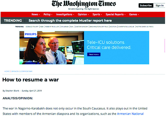 Washington Times о подрывной деятельности армянского лобби: «Как возобновить войну?»