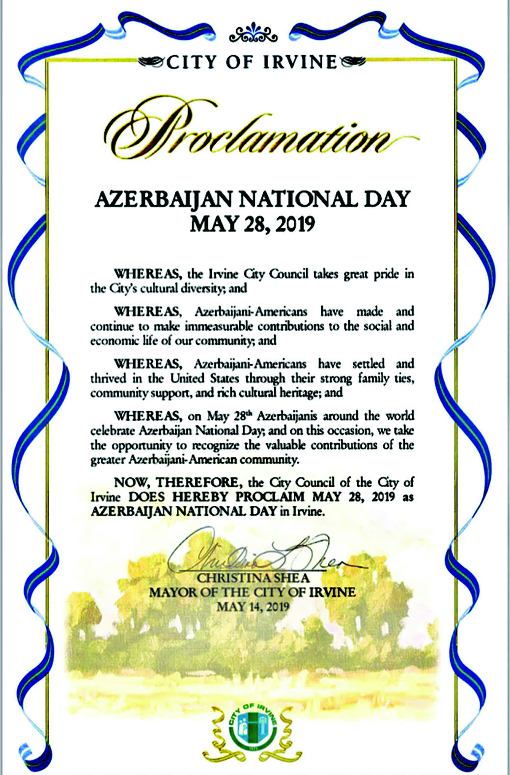 В калифорнийском городе Орвайн 28 мая объявлен Национальным днем Азербайджана
