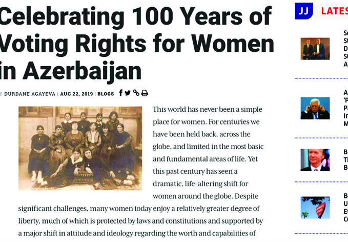 Jewish Journal опубликовал статью, посвященную 100-летию предоставления избирательного права женщинам в Азербайджане