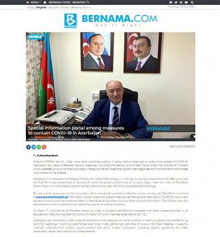 Агентство BERNAMA опубликовало статьюоб образцовом опыте Азербайджанав борьбе с пандемией COVID-19