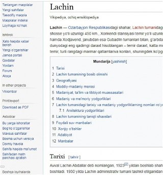 В Википедии создан раздело Лачинском районена узбекском языке