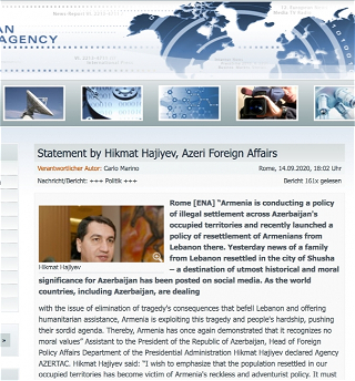 Европейское новостное агентствоопубликовало интервью Хикмета Гаджиева о политике незаконного заселенияАрмении
