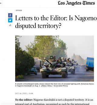 В газете Los Angeles Times опубликована статьяоб агрессорской политике Армении