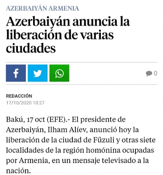 Старейшее испанское издание La Vanguardia пишетоб освобождении Азербайджаном оккупированных городов