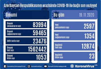 В Азербайджанезарегистрировано 2597 новых фактовзаражения коронавирусом