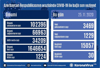 В Азербайджане зарегистрировано 3469 новых фактовзаражения коронавирусом, выздоровели еще 1229 человек