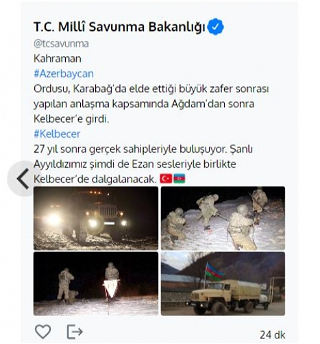 Министерство национальной обороны Турции поделилось публикациейв связи с освобождением Кяльбаджара