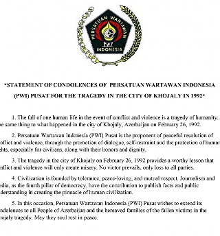 Ассоциация журналистов Индонезиираспространила заявление в связи с 29-йгодовщиной Ходжалинского геноцида