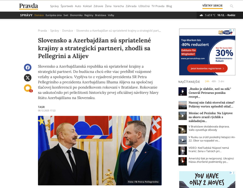 Визит Президента Азербайджана в Словакию − в центре внимания зарубежных СМИ