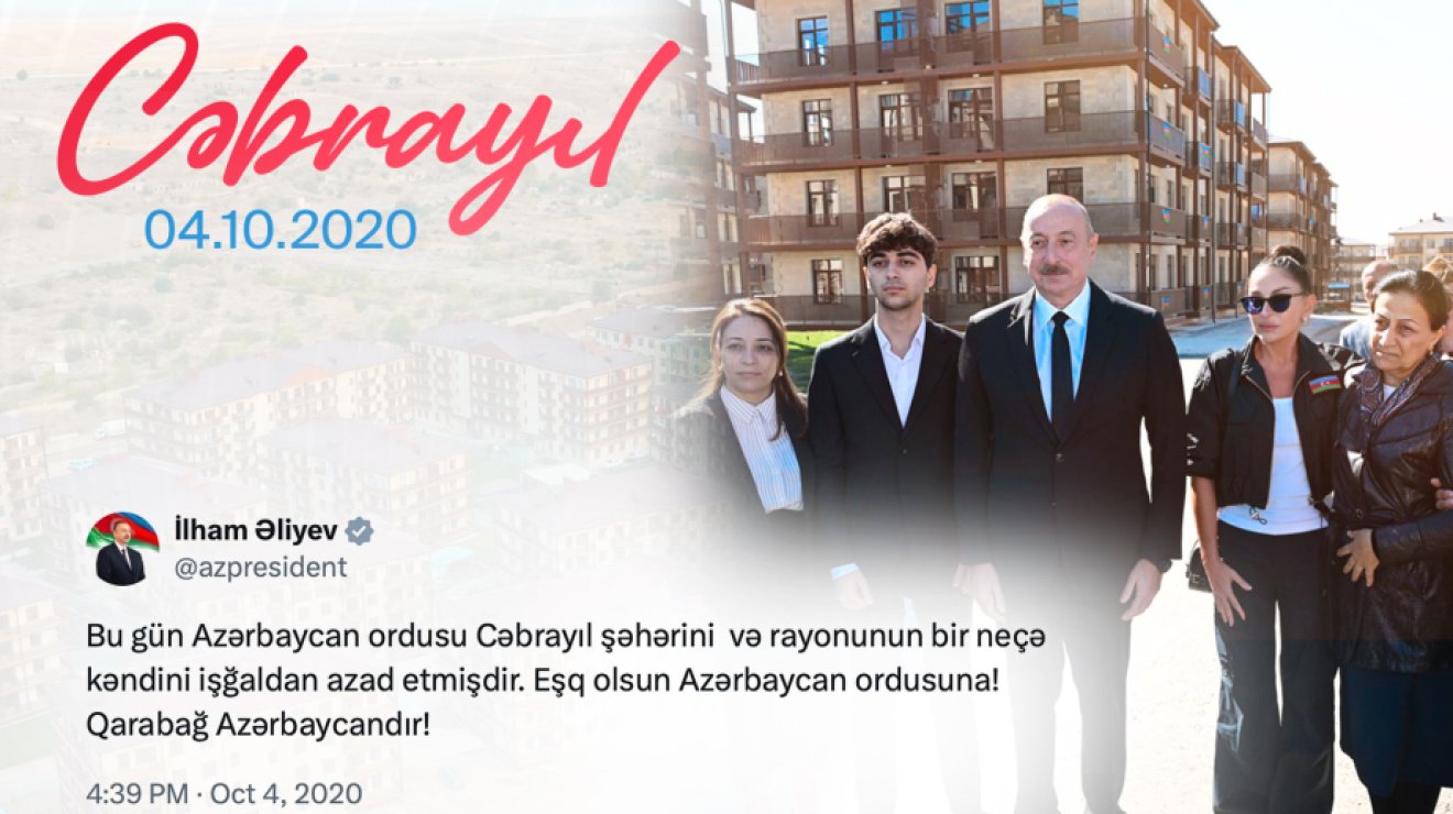 Президент Ильхам Алиев поделился публикацией в связи с годовщиной освобождения от оккупации города Джебраил