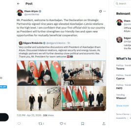 Президент Ильхам Алиев поделился публикацией в связи с визитом Президента Латвии в нашу страну