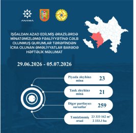 
ANAMA: На прошлой неделе от мин и других неразорвавшихся боеприпасов очищено 2333,3 гектара земли