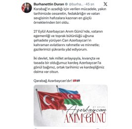 Бурханеттин Дуран: Борьба за Карабах - один из сильнейших примеров любви к Родине в нашей новейшей истории