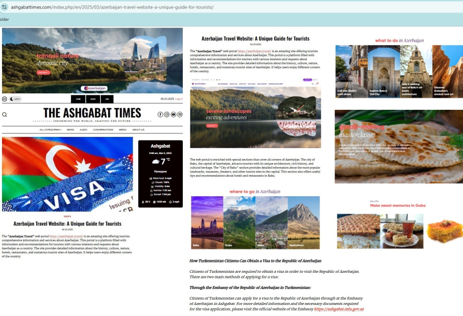 Портал Аshgabattimes опубликовал на своем веб-сайте статью о платформе Azerbaijan.Travel