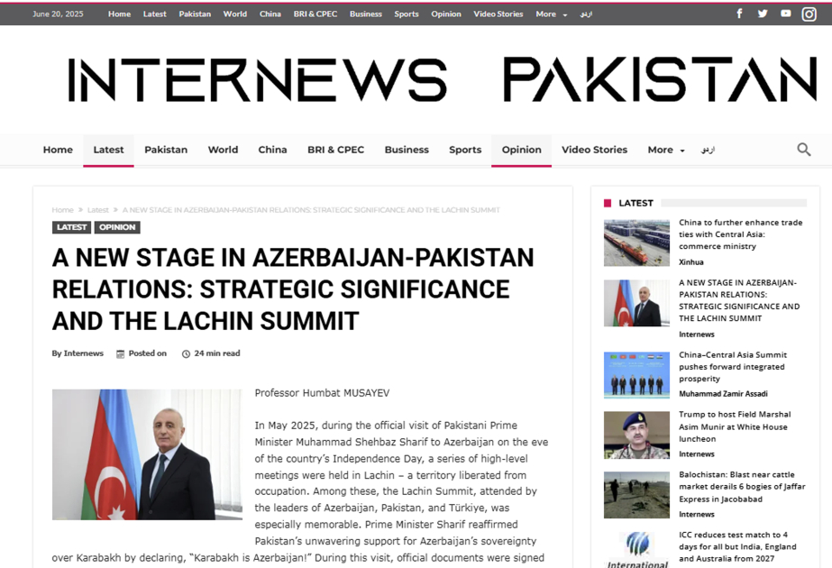 Internews Pakistan написал об азербайджано-пакистанских отношениях на фоне важности Лачинского саммита