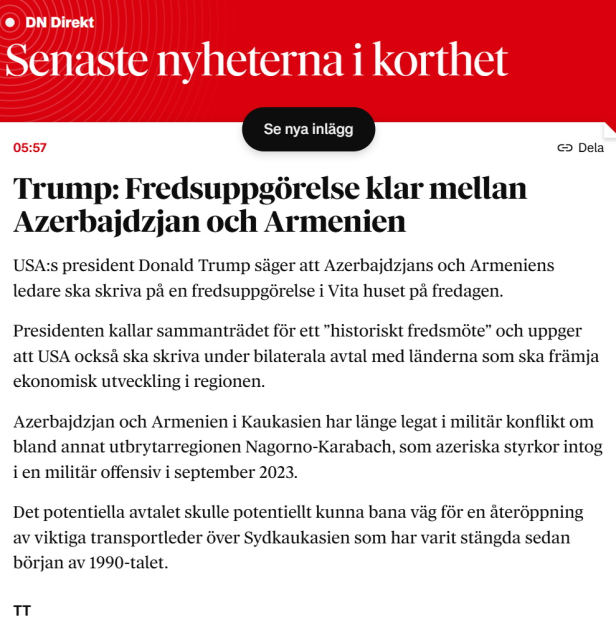 Ведущие шведские СМИ – о предстоящей встрече лидеров Азербайджана и Армении с Президентом США
