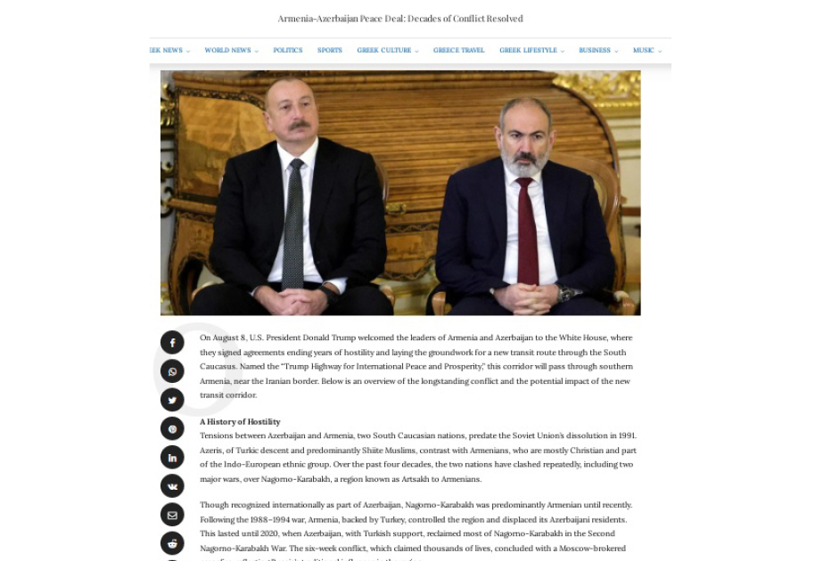Greek City Times: Продолжавшемуся десятилетиями конфликту между Азербайджаном и Арменией положен конец