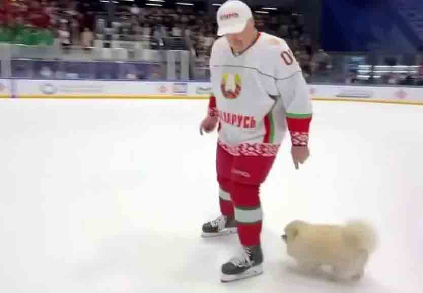 Шпиц Лукашенко Умка сопроводил хозяина на хоккейном льду