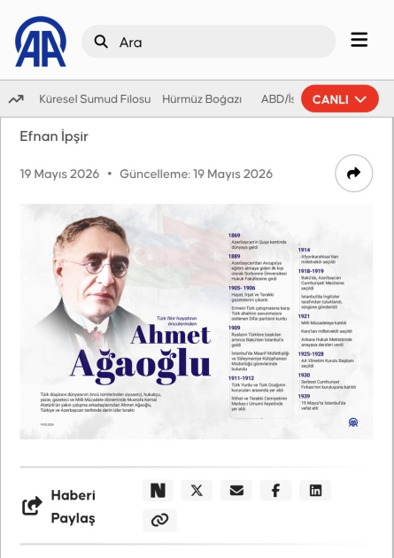 Первый председатель правления агентства &laquo;Анадолу&raquo; &ndash; Ахмед бек Агаоглу