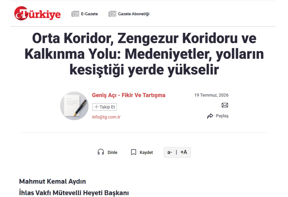 
Газета Türkiye: Средний коридор - отражение многостороннего сотрудничества